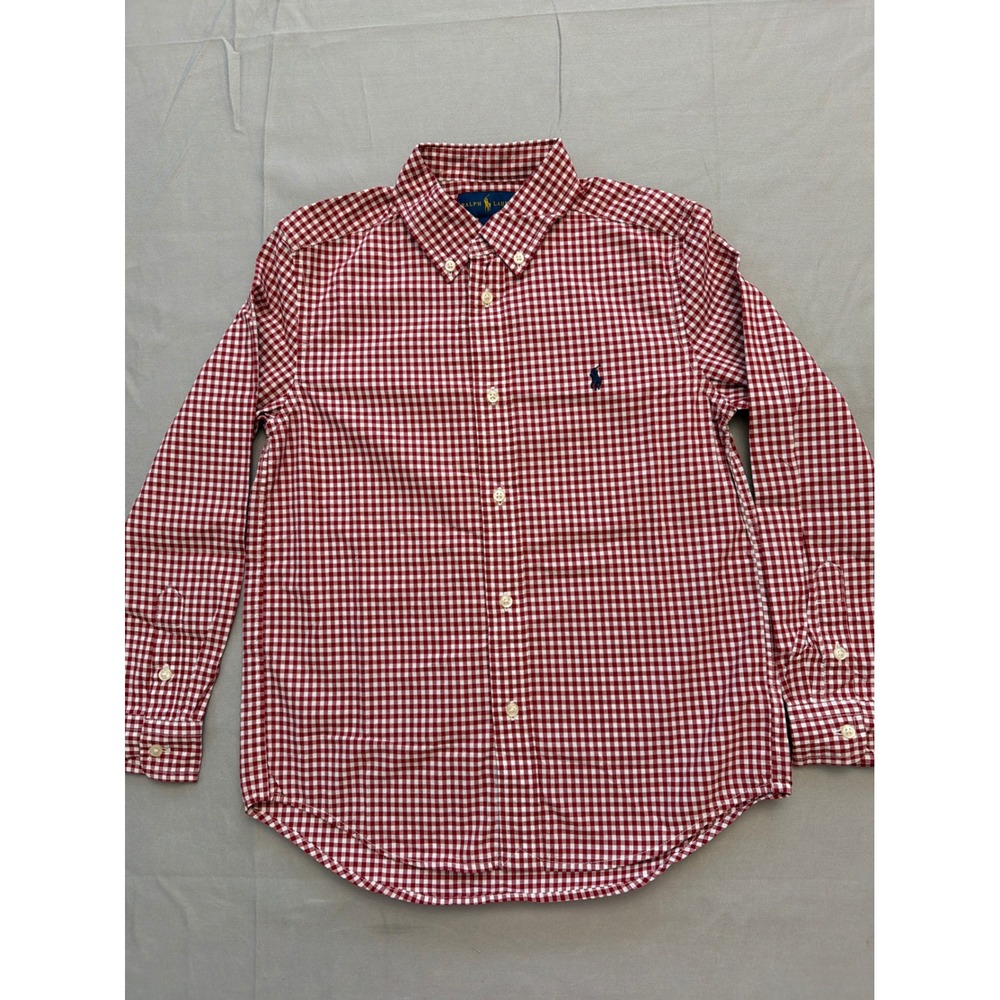 Ralph Lauren Boys Red White Gingham Cotton Button Down Shirt Size 7